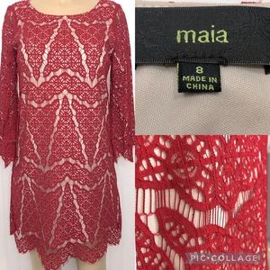 Maia Red Lace Scalloped Edge Long Sleeve Shift Dress Sheer w/ Lining Size 8